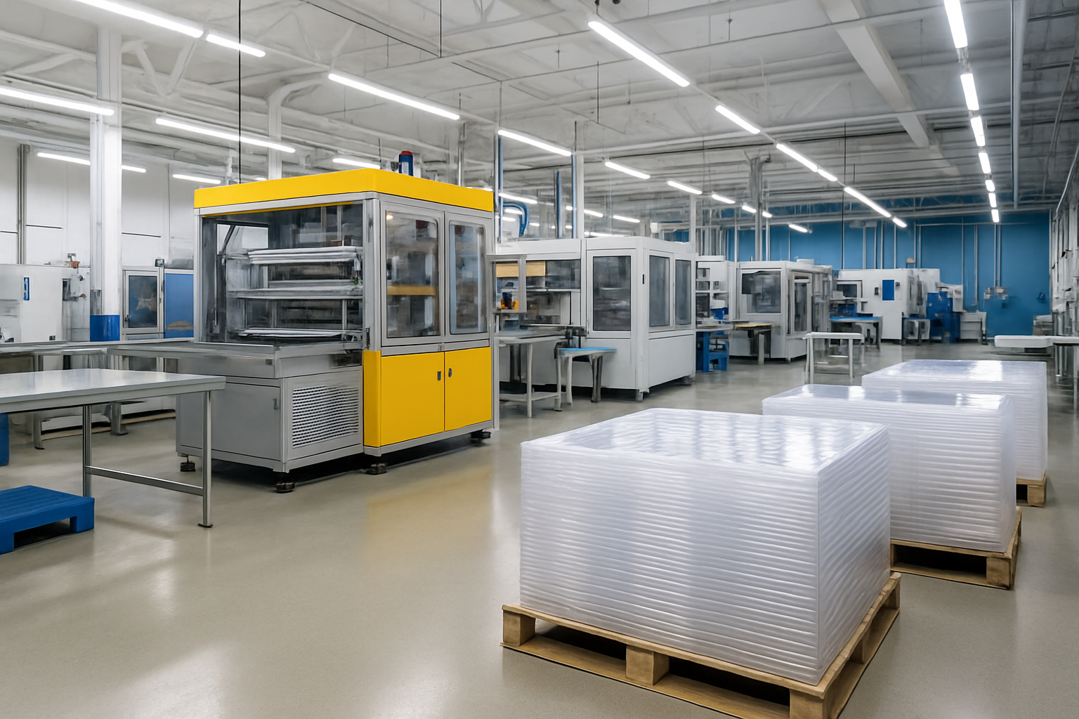 pallets of blister packaging in the factory